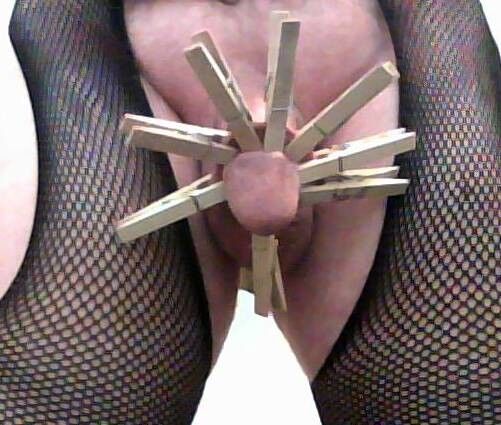 Free porn pics of Crossdresser CBT Clothespins; It hurts; Kiss it better? 8 of 10 pics