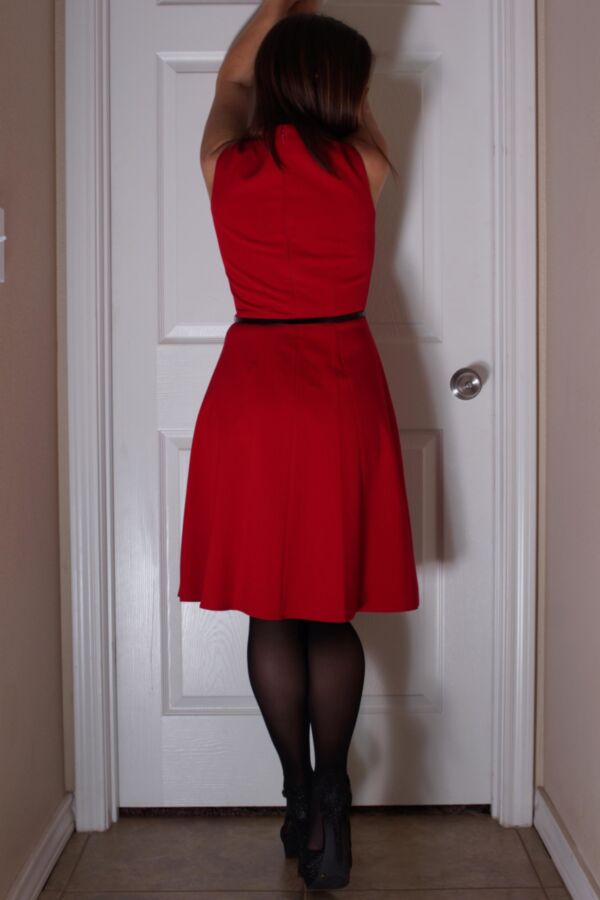 Free porn pics of Lauren in red dress, black pantyhose and heels  4 of 33 pics