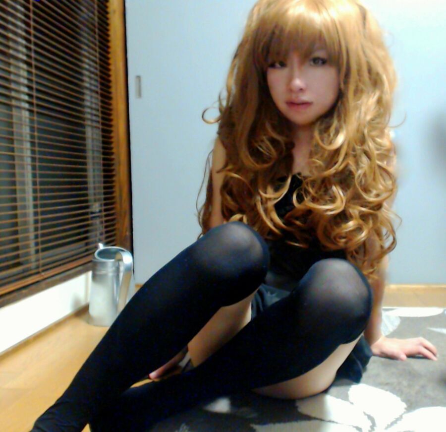 Asian curly sissy long hair