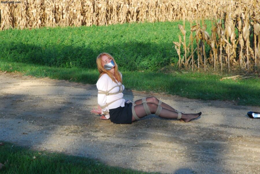 Free porn pics of Tied and gagged girl on the wood road 17 of 36 pics