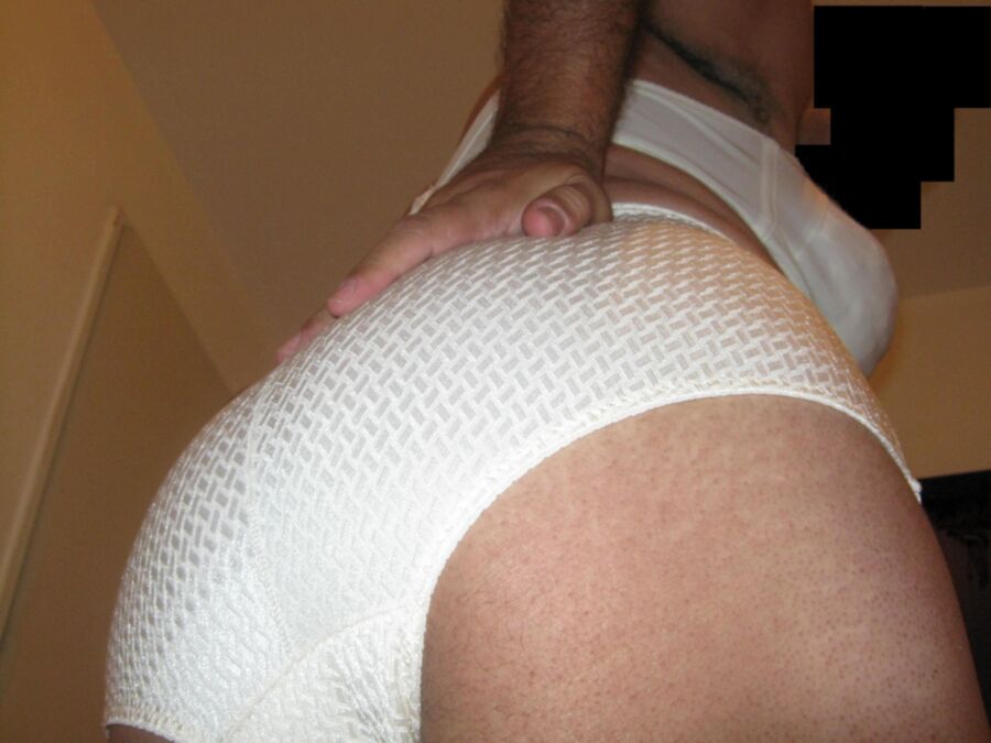 Me playing in a full-cut white granny panty with textured lycra. 