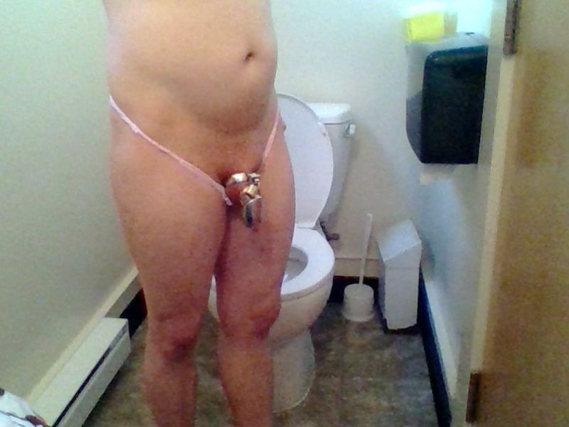 Free porn pics of Chastity Sissy Public Bathroom Humiliation 7 of 13 pics