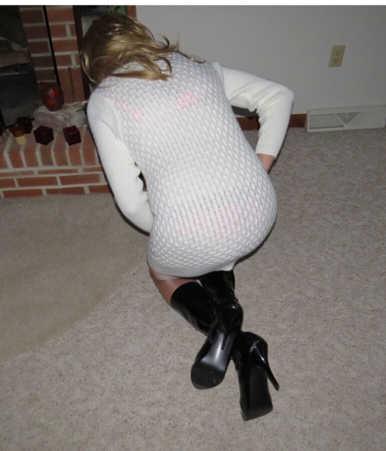 Free porn pics of Crossdresser White Sweater Dress and Boots  12 of 12 pics