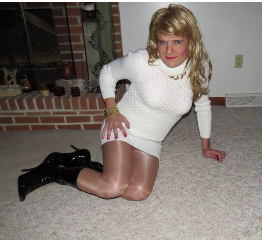 Free porn pics of Crossdresser White Sweater Dress and Boots  9 of 12 pics