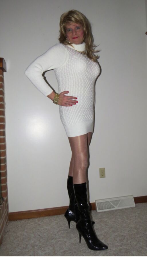 Free porn pics of Crossdresser White Sweater Dress and Boots  1 of 12 pics