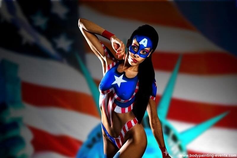 Free porn pics of Superhero Miss Captain America Body Art/Paint 9 of 27 pics