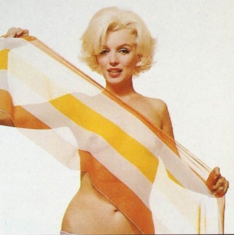 Free porn pics of Marilyn Monroe Nude in Stripped Silk Scarf 3 of 49 pics