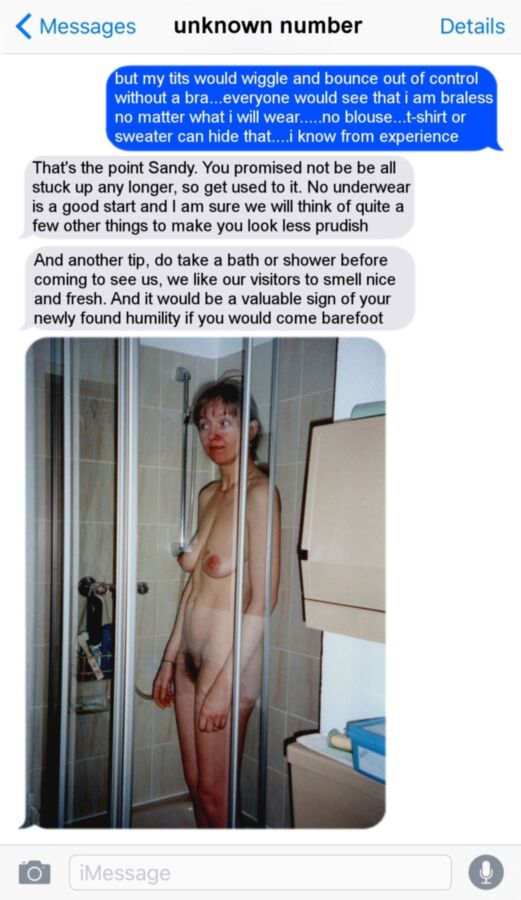 Free porn pics of how to blackmail saggy Sandy via text messages 9 of 11 pics