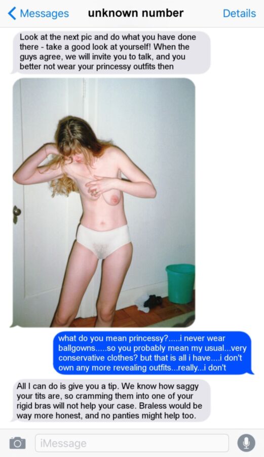 Free porn pics of how to blackmail saggy Sandy via text messages 8 of 11 pics