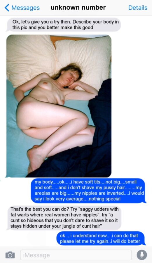 Free porn pics of how to blackmail saggy Sandy via text messages 4 of 11 pics