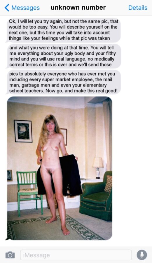 Free porn pics of how to blackmail saggy Sandy via text messages 5 of 11 pics