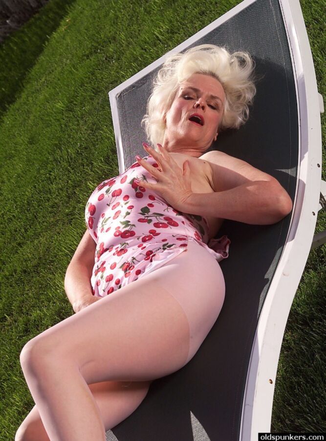 Free porn pics of Big Tit Blonde Granny outdoors in crotchless pantyhose 20 of 68 pics