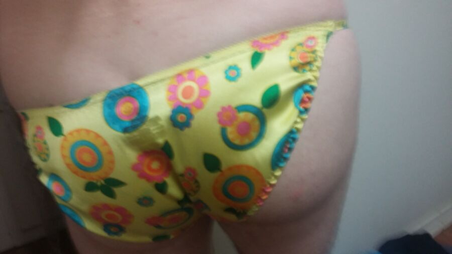 Free porn pics of Yellow printed satin string bikini panties 12 of 12 pics