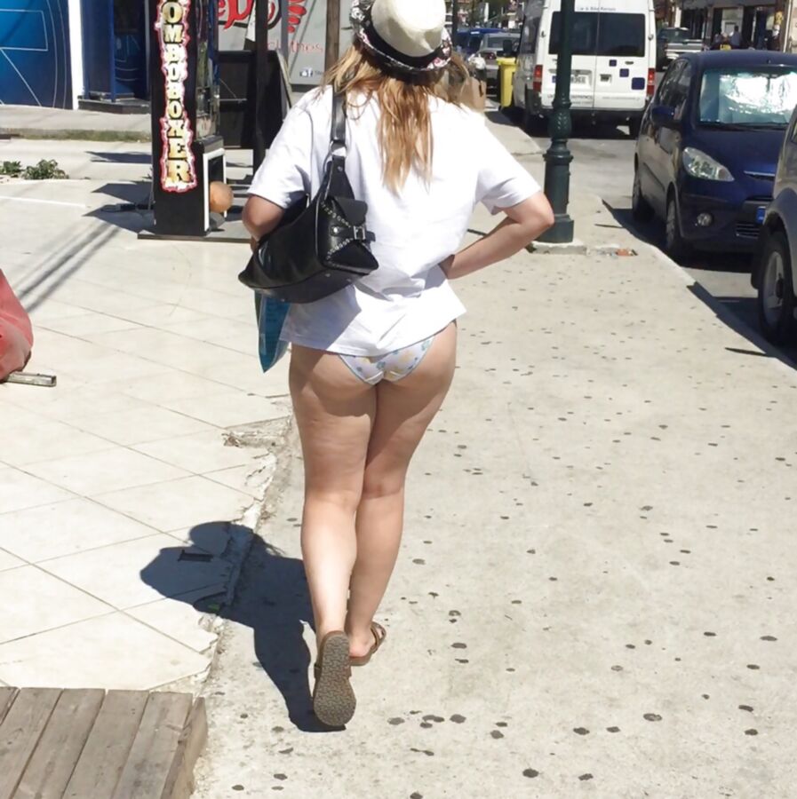 Free porn pics of Dressed only in PANTIES and short SHIRT in public street flashin 13 of 15 pics