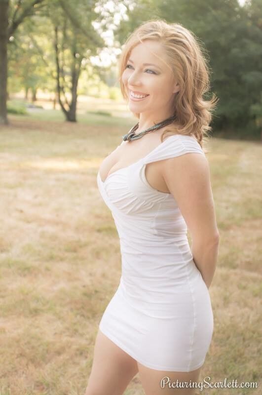 Free porn pics of Scarlett Madison - Tight White Clevage Dress 17 of 22 pics