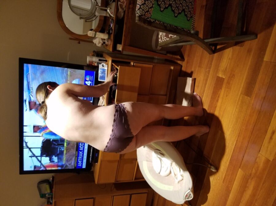 Free porn pics of My wife getting dressed, purple panties. 4 of 4 pics