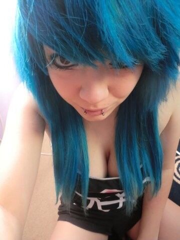 Free porn pics of Blue hair Emo with nice natural jugs 1 of 5 pics