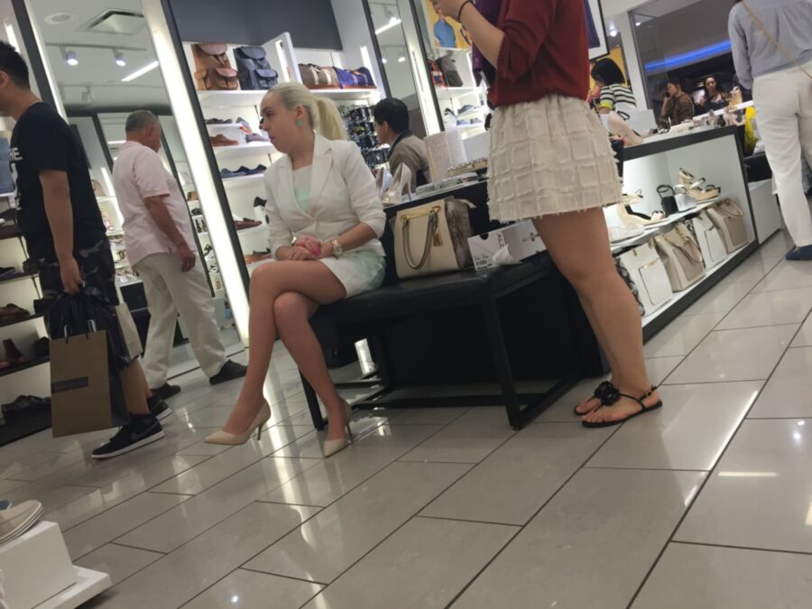 Free porn pics of Pantyhose upskirt in shoe store. 17 of 22 pics