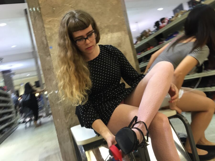 Free porn pics of Pantyhose upskirt in shoe store. 13 of 22 pics