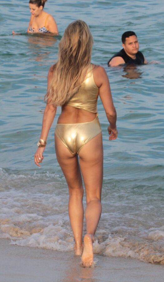 Free porn pics of Sylvie Meis in a sexy golden bikini @ the beach 11 of 18 pics