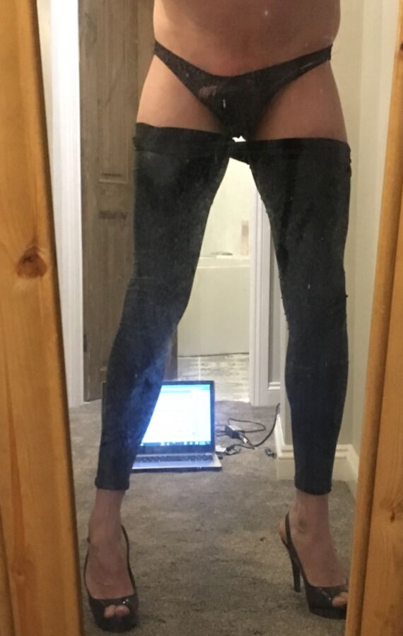 Free porn pics of Wet look leggings, thing, heels and butt plug sissy crossdresser 9 of 11 pics