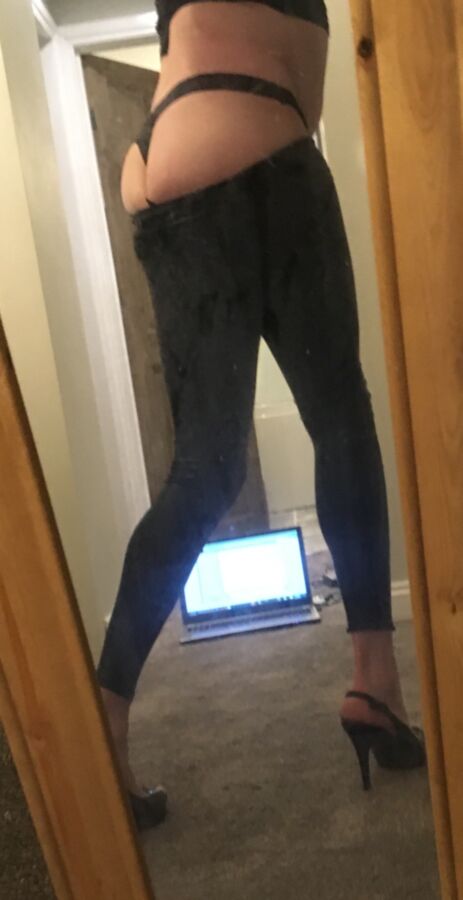 Free porn pics of Wet look leggings, thing, heels and butt plug sissy crossdresser 8 of 11 pics