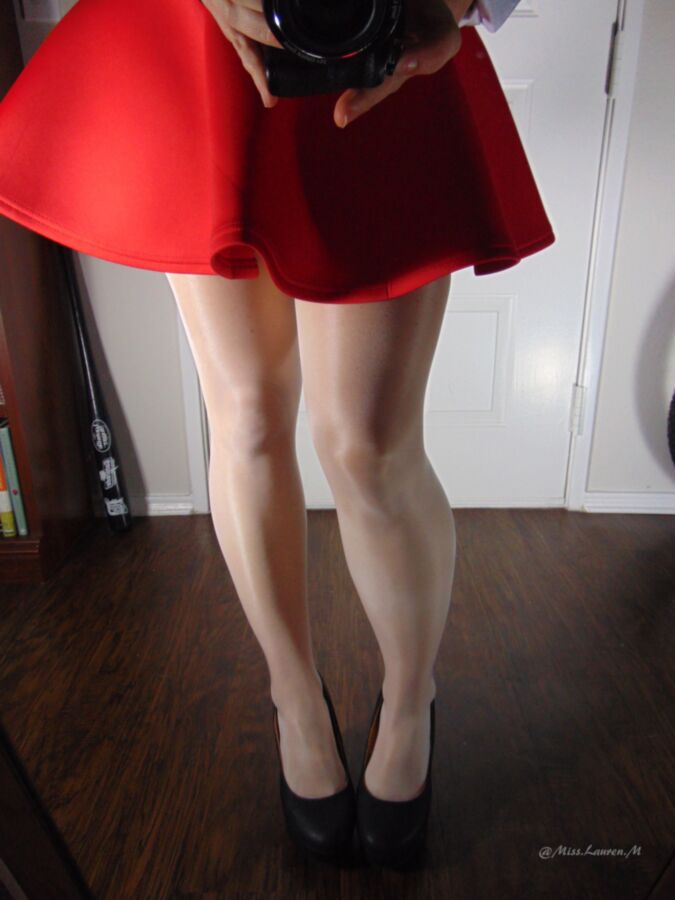 Free porn pics of Miss Lauren in a red skirt showing her feet in white stockings 4 of 26 pics