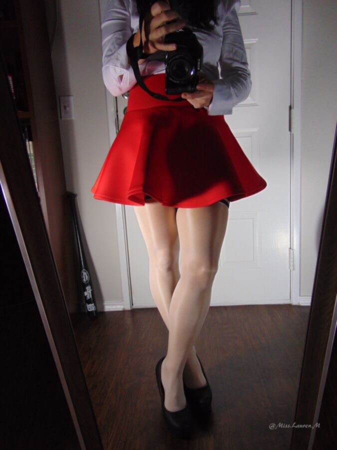 Free porn pics of Miss Lauren in a red skirt showing her feet in white stockings 6 of 26 pics