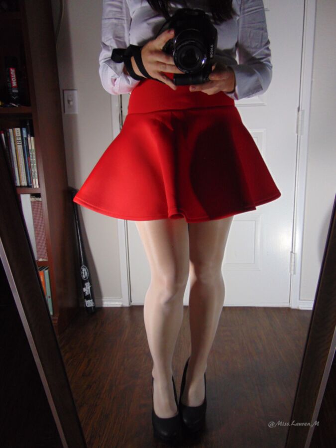 Free porn pics of Miss Lauren in a red skirt showing her feet in white stockings 2 of 26 pics