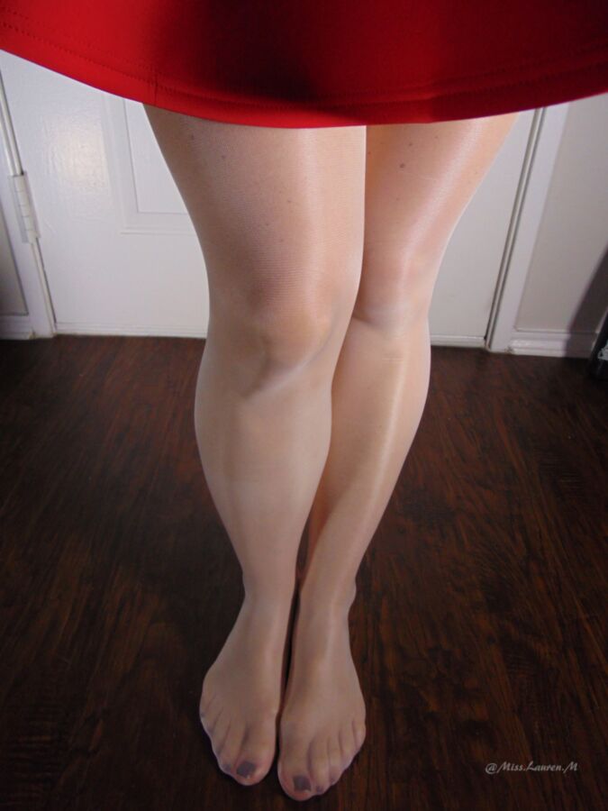 Free porn pics of Miss Lauren in a red skirt showing her feet in white stockings 15 of 26 pics