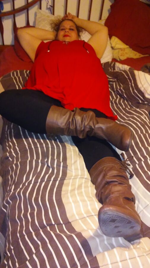 Free porn pics of Wifes-Red-Dress-Legging-Boots-For-Your-Comments 21 of 25 pics