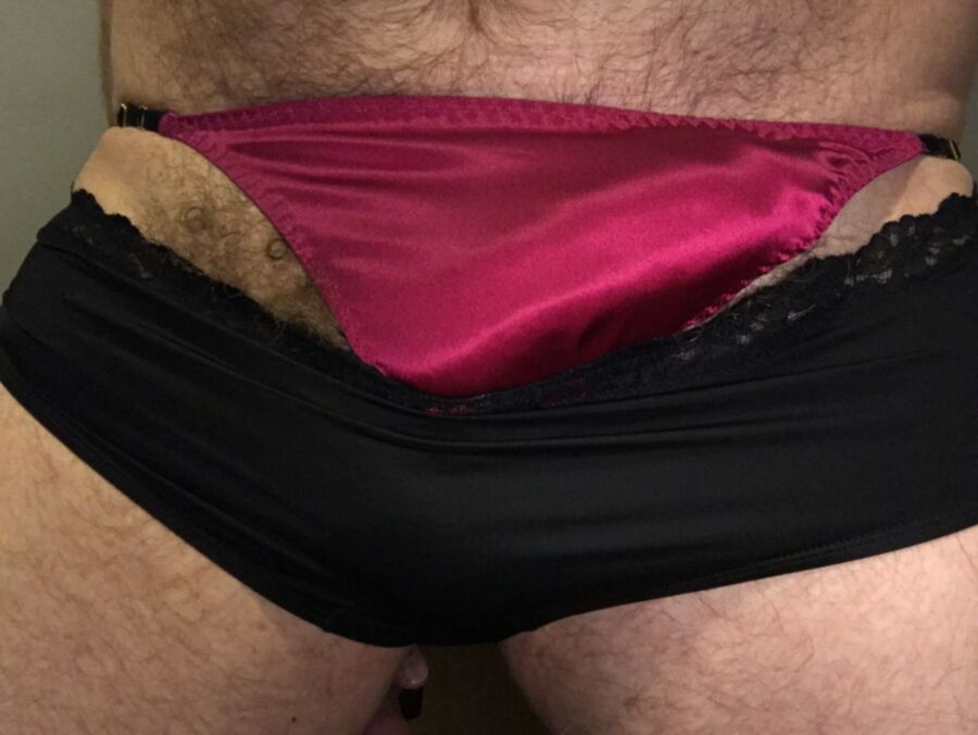 Free porn pics of Double Panty - Red Silk Thong & Black Nylon Hipsters 19 of 19 pics