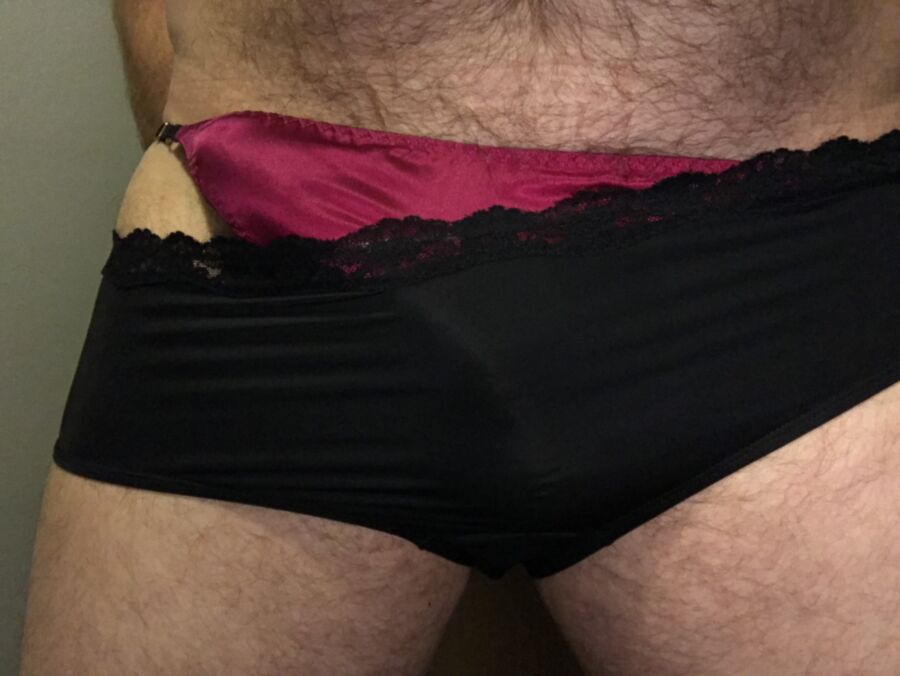 Free porn pics of Double Panty - Red Silk Thong & Black Nylon Hipsters 2 of 19 pics