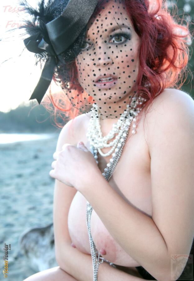 Free porn pics of Naturally Busty Tessa in face veil and corset on Beach 16 of 101 pics