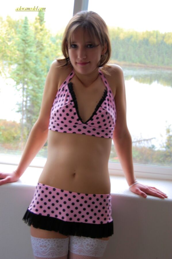 Free porn pics of amateur adora teases in pink and black polka dots lingerie 6 of 84 pics
