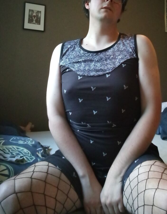 Free porn pics of Cute dress + fishnets! Wanna feel up my skirt? 8 of 13 pics