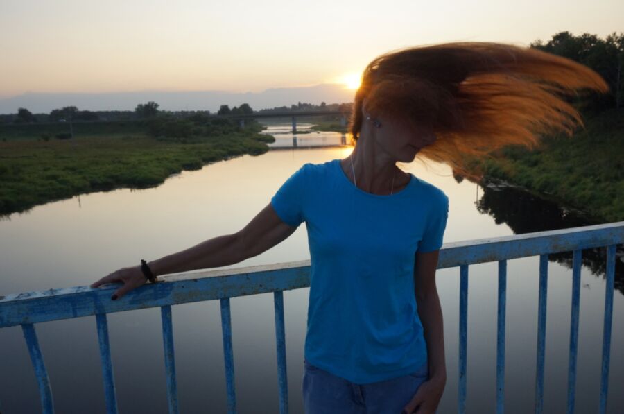 Free porn pics of Flamehair in evening on the bridge 8 of 12 pics