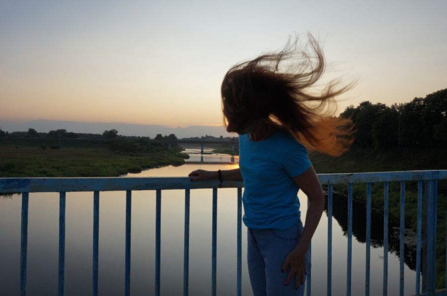 Free porn pics of Flamehair in evening on the bridge 9 of 12 pics
