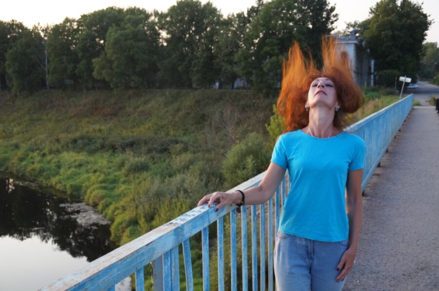 Free porn pics of Flamehair in evening on the bridge 6 of 12 pics