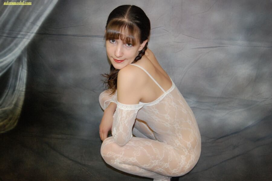 Free porn pics of adora model strips from white lace body stocking 13 of 85 pics