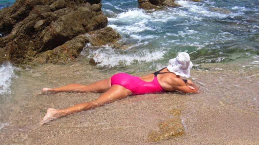 Free porn pics of Sexy Swimwear in the beach, Crossdresser in one piece swimsuit. 14 of 27 pics