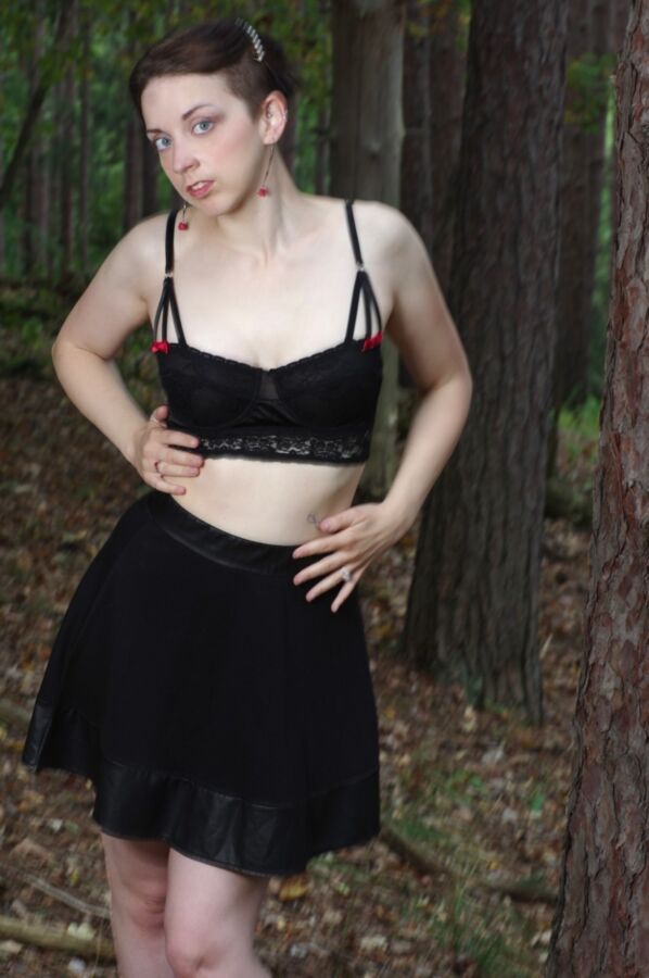 Free porn pics of Short haired cutie topless in the woods 8 of 24 pics