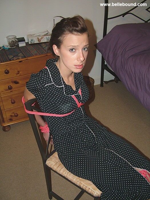 Free porn pics of Chrissy - Chair tied, ball-gagged barefoot in a polka dot dress 2 of 35 pics