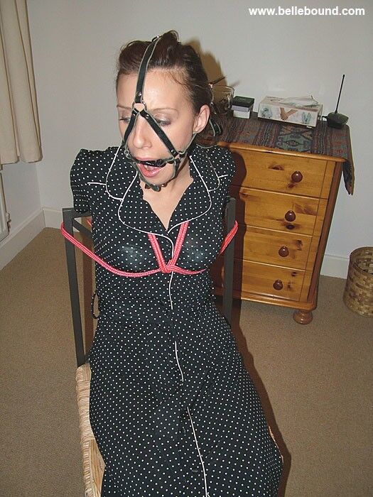 Free porn pics of Chrissy - Chair tied, ball-gagged barefoot in a polka dot dress 15 of 35 pics