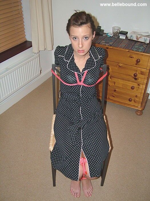 Free porn pics of Chrissy - Chair tied, ball-gagged barefoot in a polka dot dress 1 of 35 pics