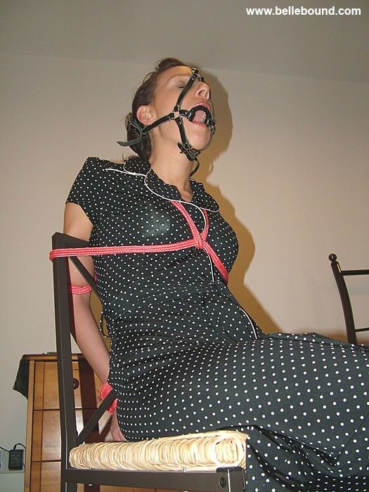 Free porn pics of Chrissy - Chair tied, ball-gagged barefoot in a polka dot dress 20 of 35 pics