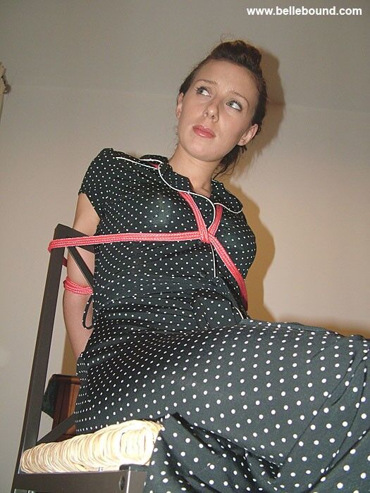 Free porn pics of Chrissy - Chair tied, ball-gagged barefoot in a polka dot dress 7 of 35 pics