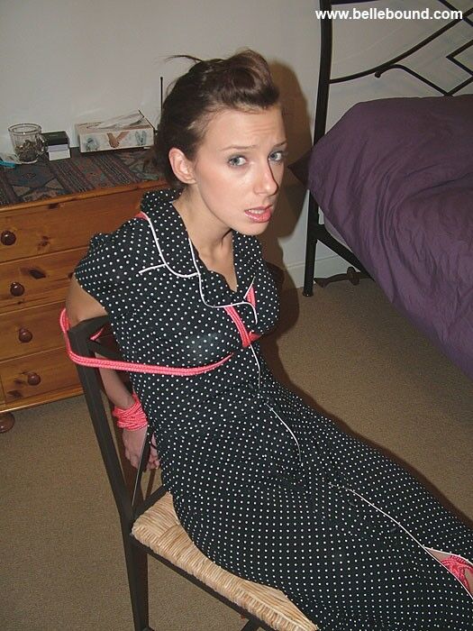 Free porn pics of Chrissy - Chair tied, ball-gagged barefoot in a polka dot dress 10 of 35 pics