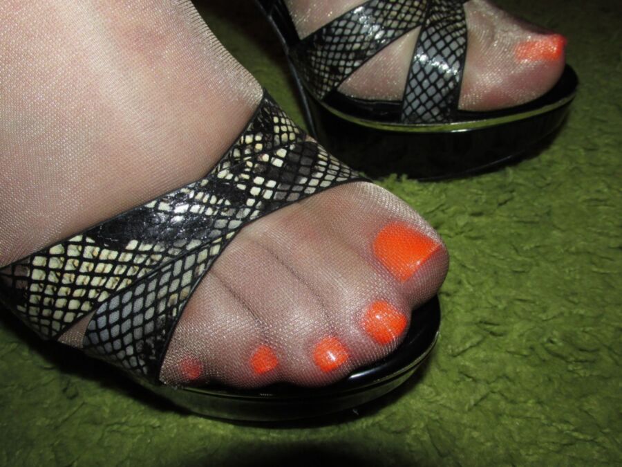 Free porn pics of Tan shiny pantyhose, hihg heels and neon orange gel pedicure 2 of 10 pics