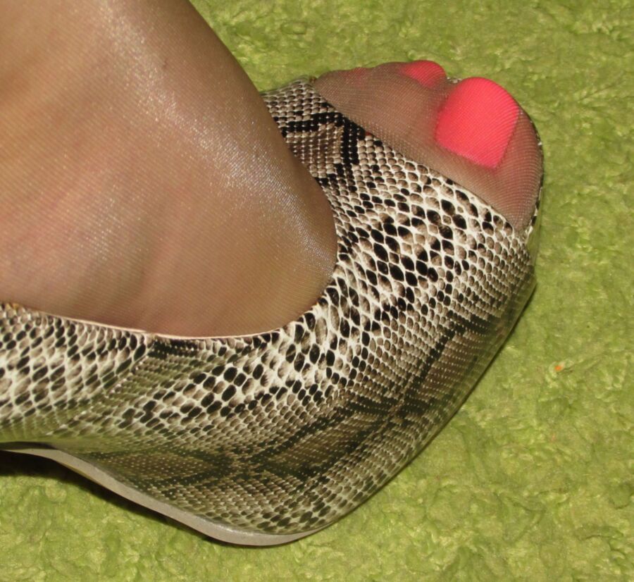Free porn pics of Tan pantyhose opentoe snake high heels and pink gel pedicure 4 of 13 pics